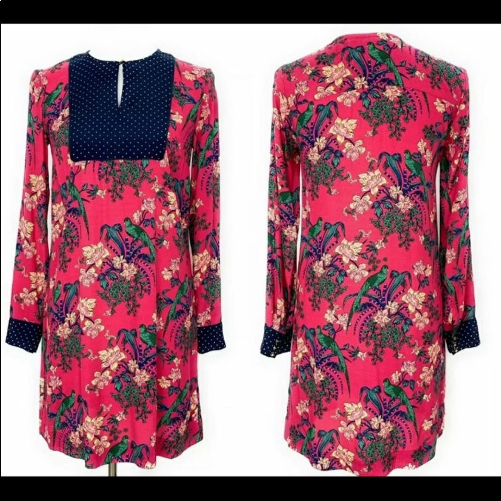 Maeve Pink Tropical Bird Parrot Print Shift Dress